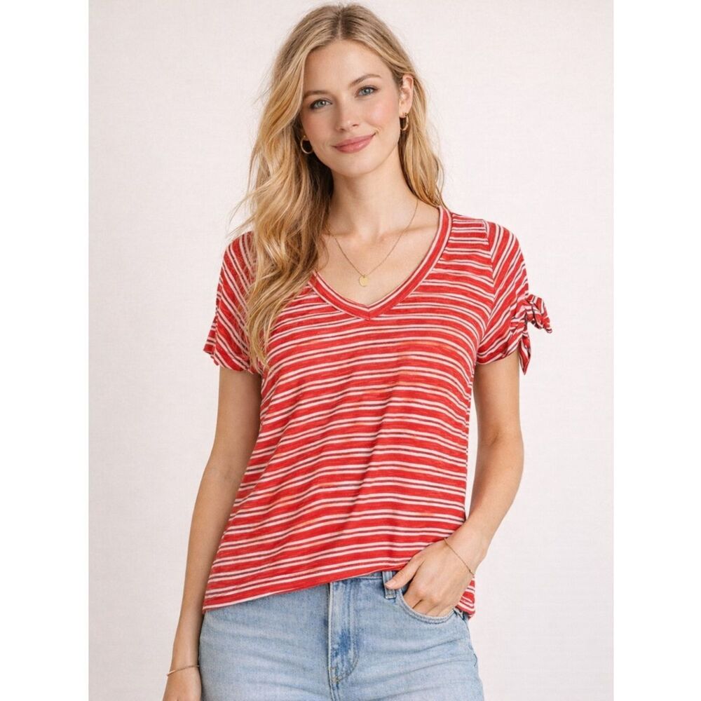 Anthropologie Left of Center Red and White Tie Front Short Sleeve T-Shirt